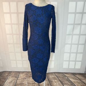 Akira Blue Floral Open Back Long Sleeve Lined Midi Bodycon Dress Size Small